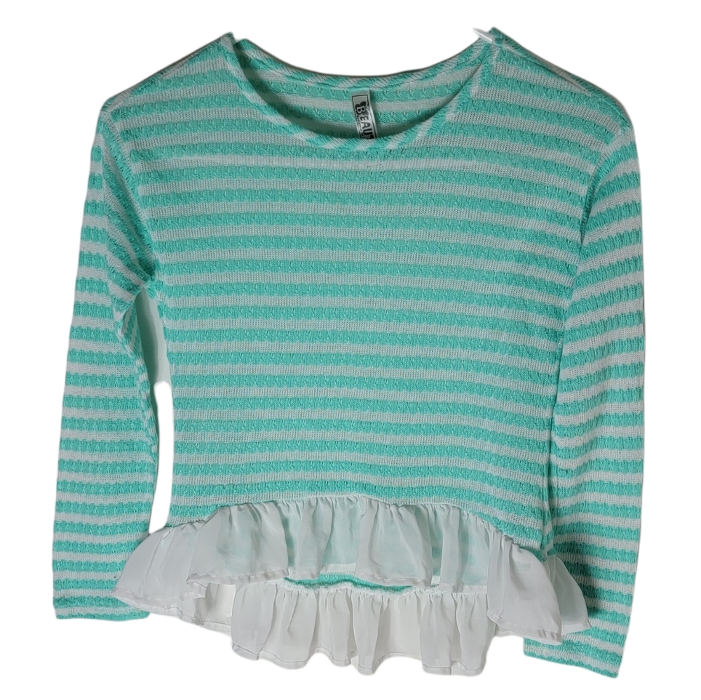 Beautees girls size large aqua white stripe chiffon ruffle hem long sleeve top